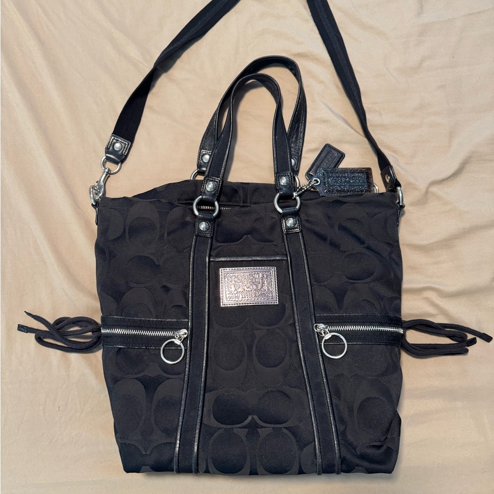 Coach Black Tote Bag with Leather Trim and Silver Hardware